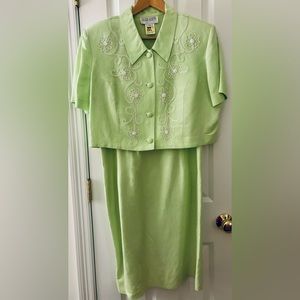 Plaza South sz 16 shift dress w/ jacket, spring green, beaded, embroidery, linen
